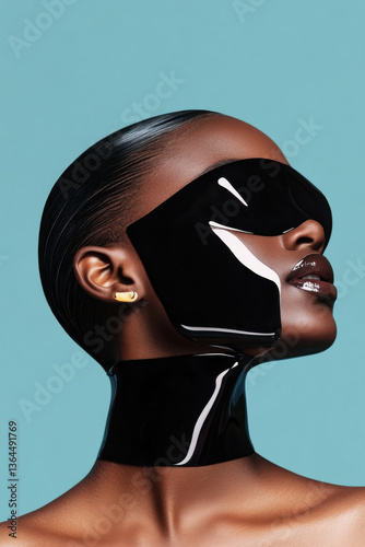 Fashion model wearing futuristic black mask and gold earrings