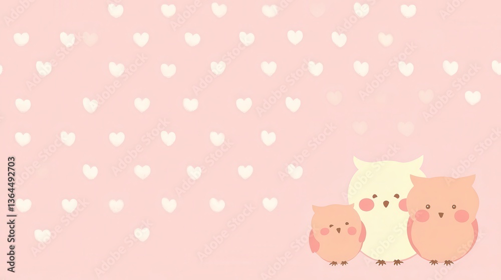 Cute Owl Family with Pink Hearts, and Baby Shower. Cute Owl Family with Pink Hearts, and Baby Shower.