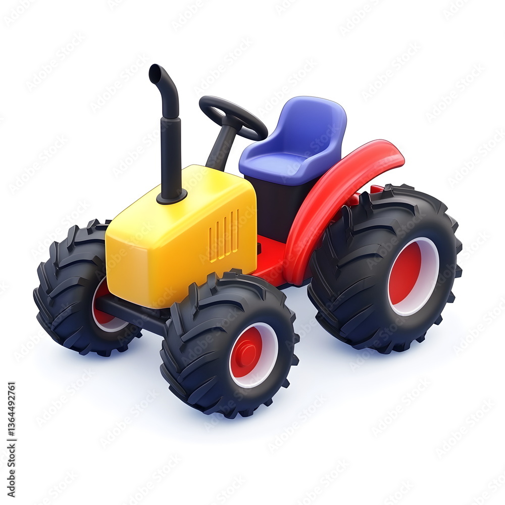 Obraz premium A whimsical, playful tractor with exaggerated proportions and vibrant colors, designed in a fantasy-like, storybook style. This charming farm vehicle has a surreal, soft-edged look with bold outlines 