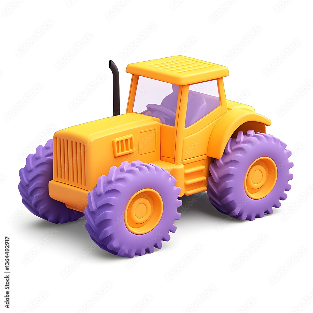 Obraz premium A whimsical, playful tractor with exaggerated proportions and vibrant colors, designed in a fantasy-like, storybook style. This charming farm vehicle has a surreal, soft-edged look with bold outlines 