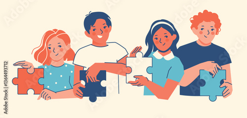 Illustration of people assembling puzzle pieces, symbolizing unity, diversity, and community cooperation. A creative flat vector perfect for social projects, NGOs, education, nonprofit initiatives