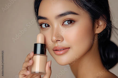 Intrigued ASEAN woman holding foundation bottle, testing shade, isolated.