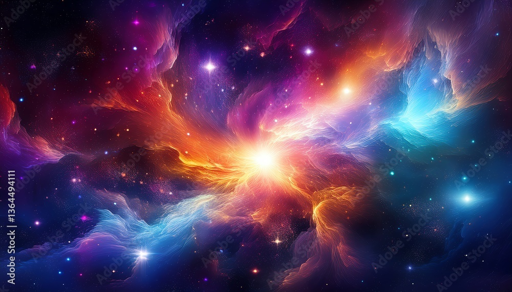 Obraz premium A vibrant cosmic scene with swirling colors and stars, depicting the beauty and mystery of the universe.