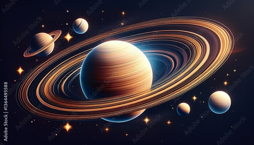 Fototapeta premium A vibrant cosmic scene featuring Saturn surrounded by its rings and several smaller planets, set against a backdrop of stars.