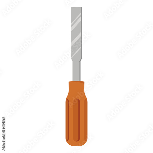 Chisel tool with a sharp steel blade and ergonomic orange handle on a white background. Used for carving and shaping wood. Vector illustration