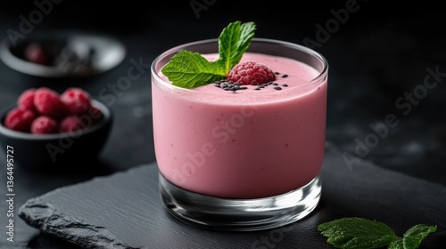Wallpaper Mural Pink raspberry smoothie in a glass, garnished with fresh mint and black sesame seeds Torontodigital.ca