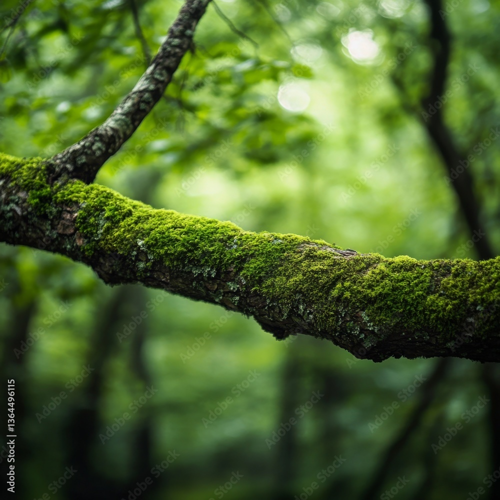 Fototapeta premium A Moss-Covered Branch in a Verdant Forest: A Close-Up View of Nature's Beauty and the Interconnectedness of Life