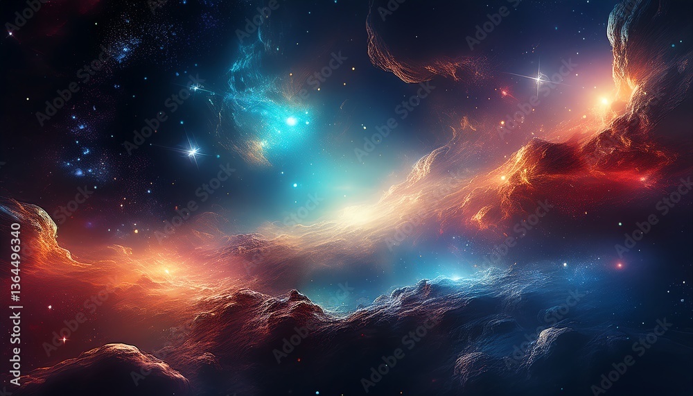 Naklejka premium A vibrant cosmic scene featuring swirling clouds of gas, bright stars, and a colorful nebula, evoking the vastness and beauty of the universe.