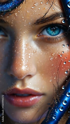 Close Up Woman Portrait With Water Drops