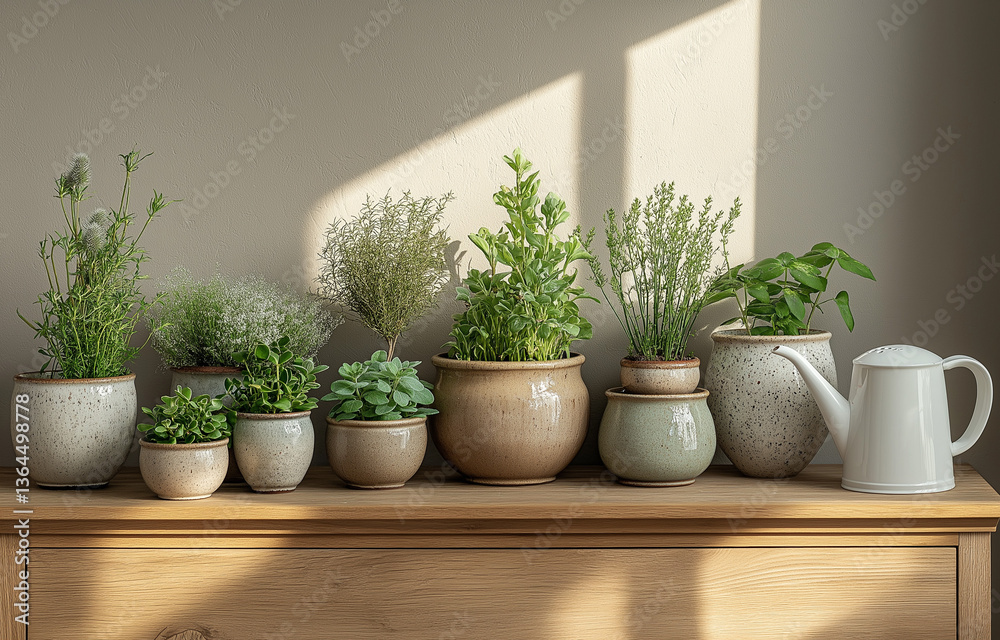 Fototapeta premium Various indoor plants, including bamboo, on a wooden sideboard against white walls