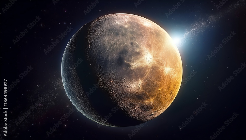 Fototapeta premium A stunning view of a celestial body illuminated by sunlight, showcasing its rugged surface and cosmic surroundings in deep space.