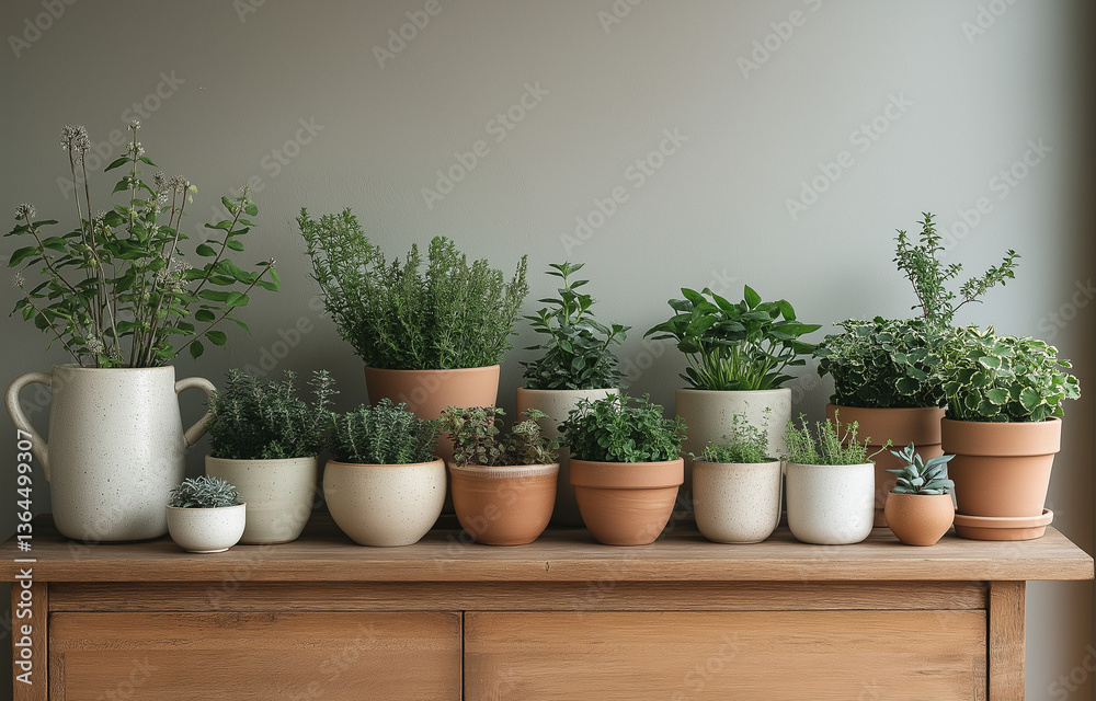 Fototapeta premium Various indoor plants, including bamboo, on a wooden sideboard against white walls