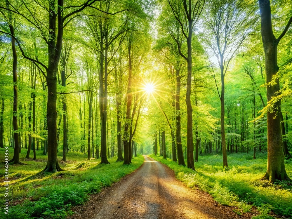 Fototapeta premium Panoramic Spring Forest: Vibrant Green Canopy, New Growth, Sunlight Dappled Path