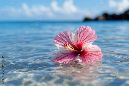 Pink and White Hibiscus Flower Floating on Clear Calm Water with Blue Sky in the Background