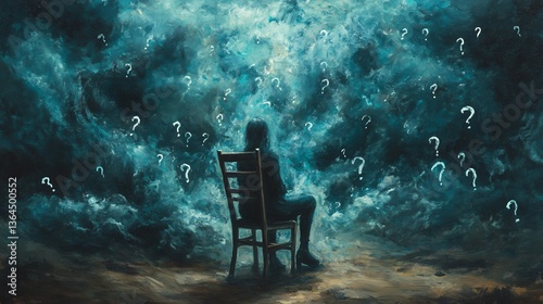 Person lost in a sea of question marks symbolizing confusion in social identity