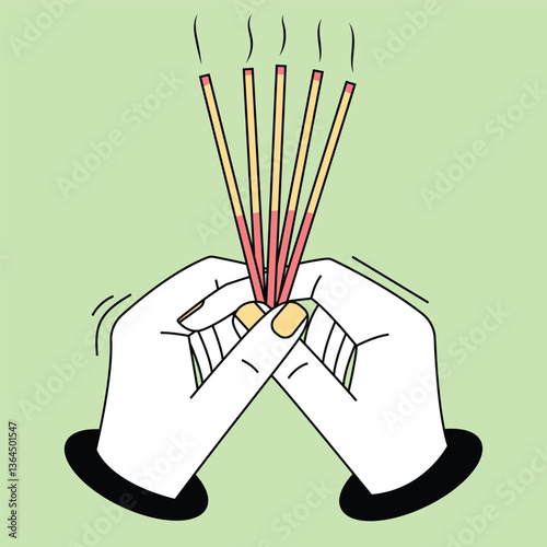 A minimalist vector illustration of a hand holding an incense stick, symbolizing calm, spirituality, and serenity. Ideal for themes of meditation, mindfulness, and cultural rituals.