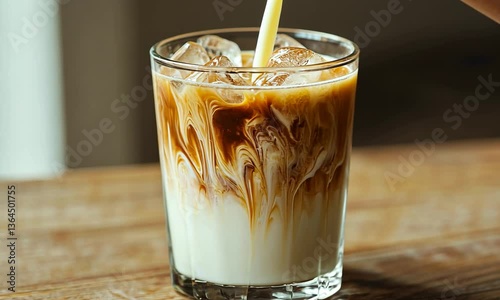 Refreshing iced coffee being prepared with milk poured over ice, showcasing a rich swirl of colors