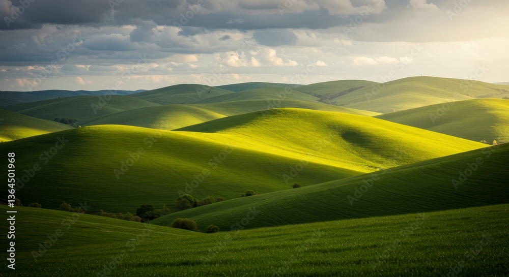 Obraz premium Sunlit Green Rolling Hills Under a Cloudy Sky