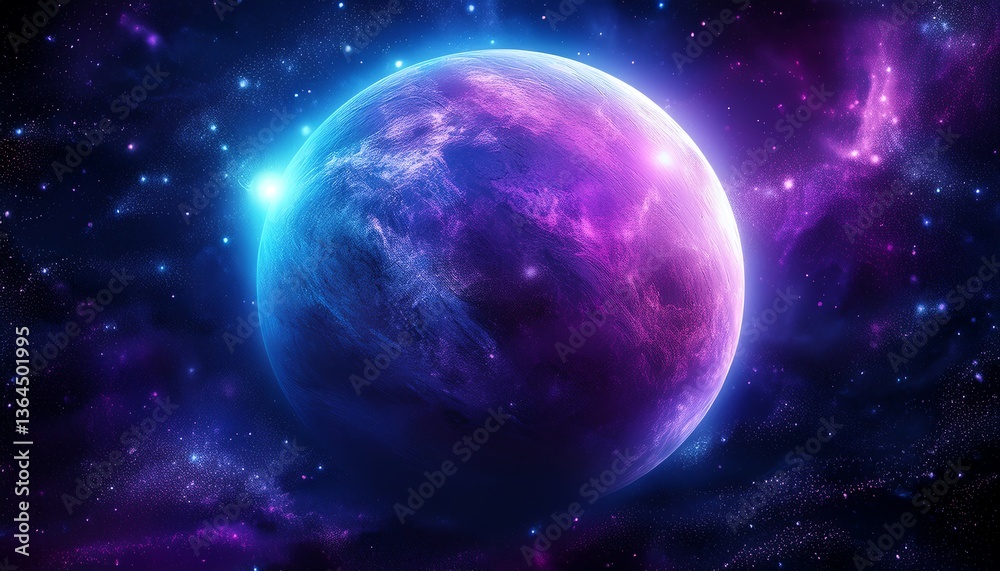 Obraz premium A vibrant planet surrounded by a cosmic backdrop of stars and nebulae, showcasing shades of blue and purple in a mesmerizing celestial scene.
