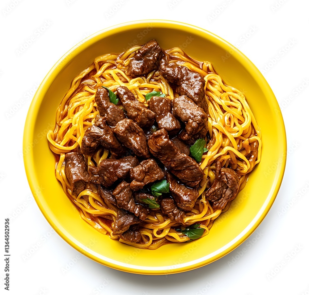 A yellow bowl contains food with noodles and cooked meat A yellow bowl contains food with noodles and cooked meat