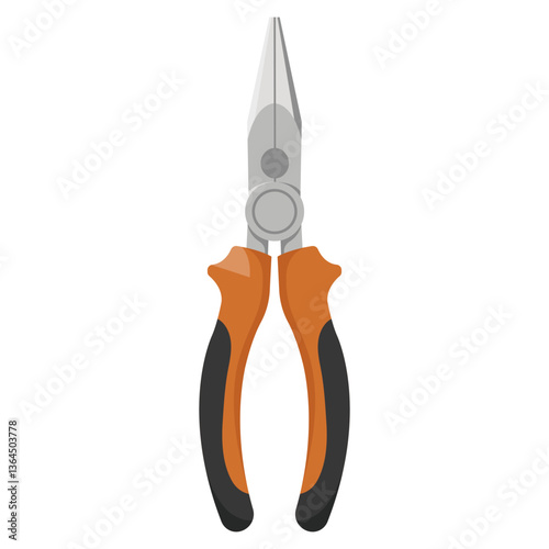 Long-nose pliers with orange and black rubber handles shown on a white background. Tool used for gripping, bending, and cutting wires. Vector illustration