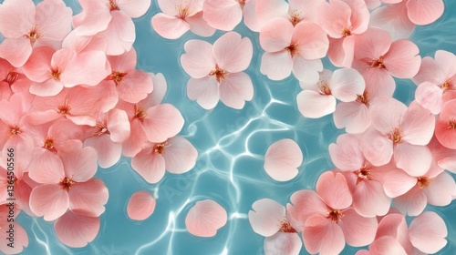 Herry Blossom Festivals space text. Pink Flower Petals Floating on Blue Water