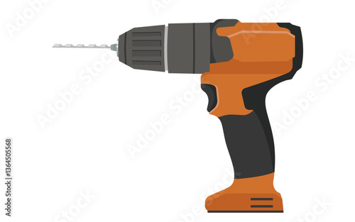Cordless power drill with an orange and black body, depicted in a flat style on a white background. Concept of construction and DIY tools. Vector illustration
