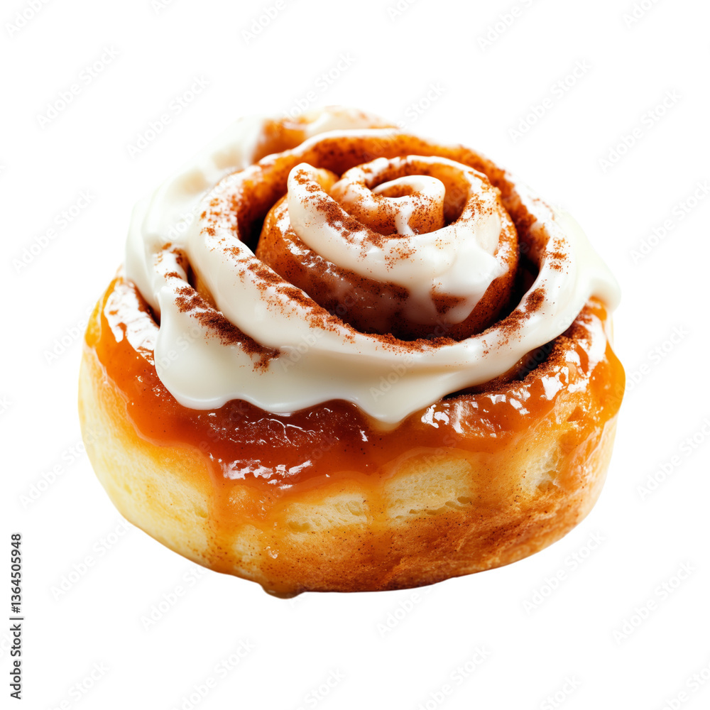 Fototapeta premium Delicious cinnamon roll with icing and caramel drizzle. isolated on white background