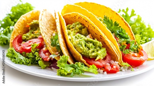 Three tacos, filled with guacamole, tomato, and onions, on a white plate