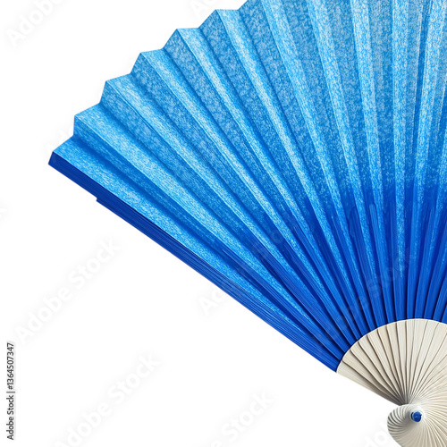 A vibrant blue folding hand fan, partially opened, displaying uniform pleats radiating from the base.



