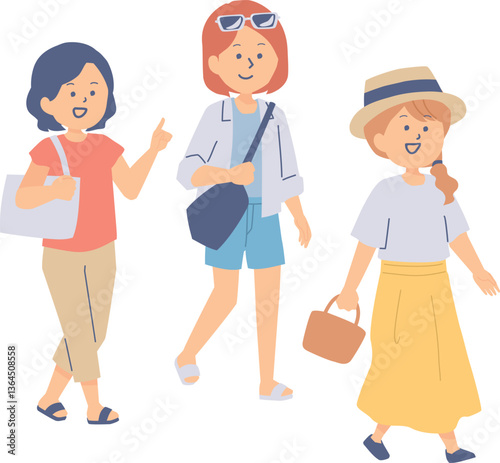 お出かけする若い女性たちのイラスト