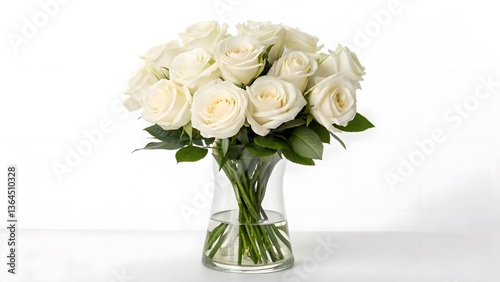 Minimalist Glass Vase with Fresh White Roses, Isolated on a White Background, symbolizing purity and elegance, Professional Floral Decoration Stock Image