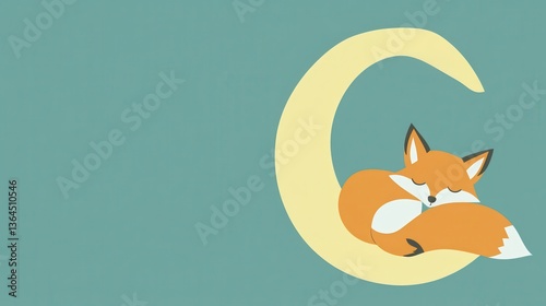 Cute Fox Sleeping on Crescent Moon with Night, and Cartoon.