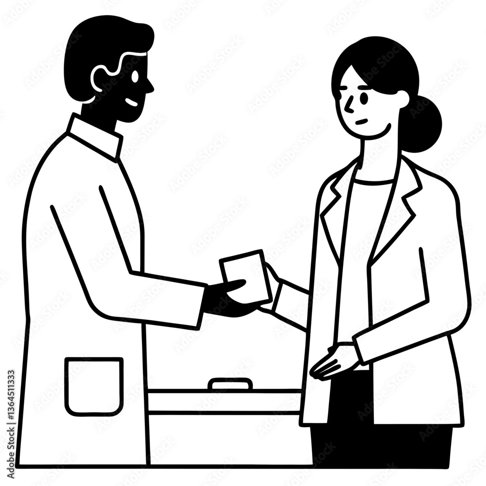 A silhouette of a pharmacist handing over a prescription to a patient at a pharmacy counter A silhouette of a pharmacist handing over a prescription to a patient at a pharmacy counter