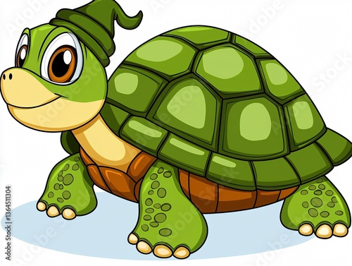 Turtle cartoon, bright green, green hat. White background, cartoonish, brown plastron, big eyes, small blue shadow