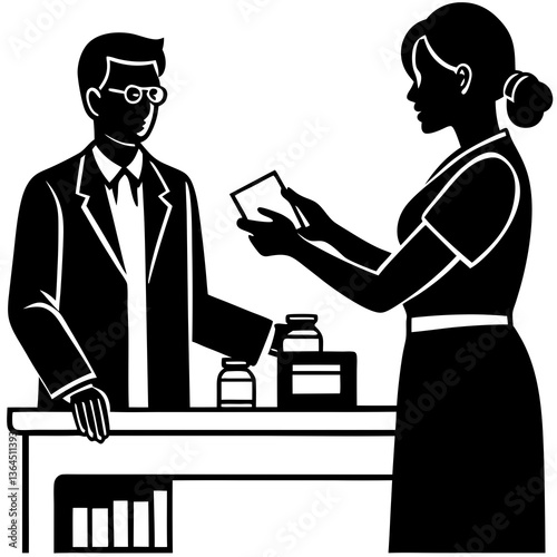 A silhouette of a pharmacist handing over a prescription to a patient at a pharmacy counter