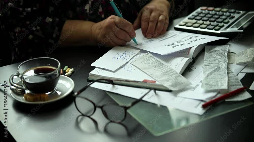 Hands calculating expenses with pen and calculator on table	