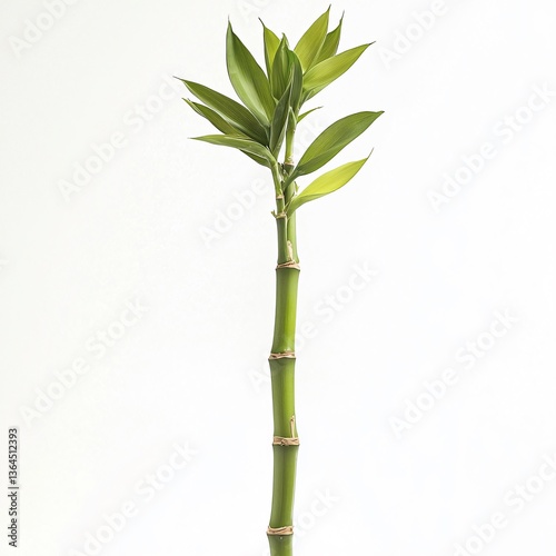 Upward bamboo stalk with green leaves against a plain white background