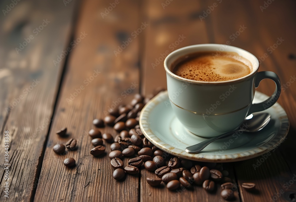 Rich coffee in a delicate cup on a rustic wooden table surrounded by scattered coffee beans in the morning light Generative AI Rich coffee in a delicate cup on a rustic wooden table surrounded by scattered coffee beans in the morning light Generative AI