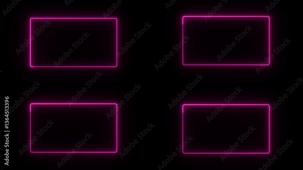 Neon gradient rectangular frames set, collection of purple-red glowing borders isolated on a dark background. TEXT sign neon glow color moving seamless art background abstract motion screen 4k