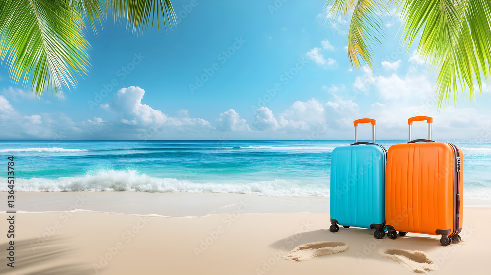 Obraz premium sandy beach scene with travel luggage commercial banner copy space