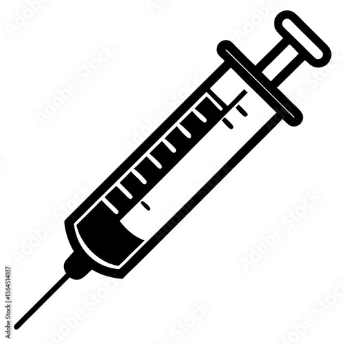 A silhouette of a syringe filled with medicine, poised to be used, outlined in black