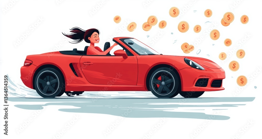 Naklejka premium Illustration of a Woman Driving a Red Convertible Car Surrounded by Flying Dollar Bills