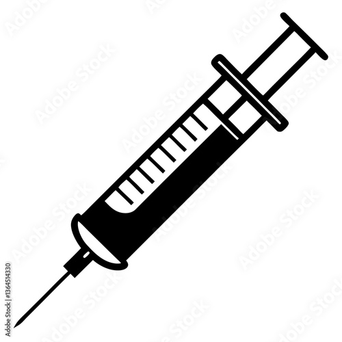 A silhouette of a syringe filled with medicine, poised to be used, outlined in black
