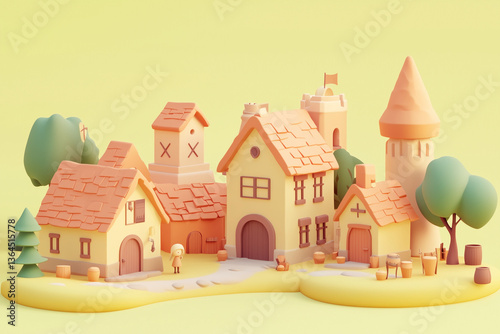 A stylized 3D village neighborhood with multiple pastel houses, winding paths, and trees in a charming scene. A whimsical diorama medieval community, tranquility, and cozy small-town life.
