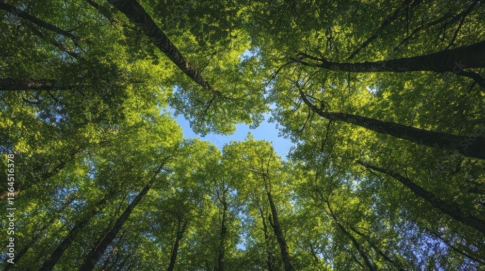 Fototapeta premium A Wide-Angle View of Forest Canopy Showcasing Sunlight and Sky Above