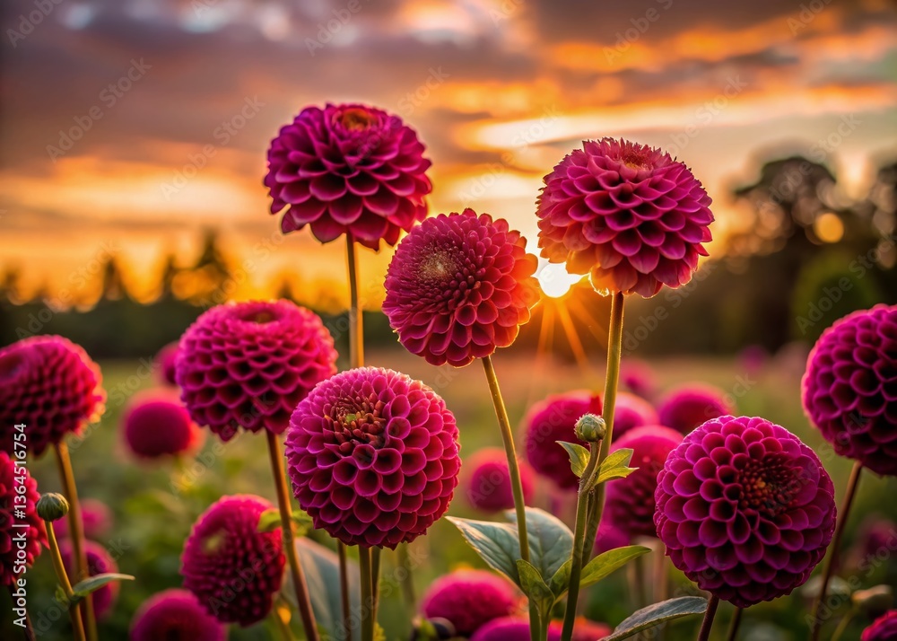 Silhouette of Late Miniature Ball Dahlias at Sunset, Aylett, Hertfordshire, UK Silhouette of Late Miniature Ball Dahlias at Sunset, Aylett, Hertfordshire, UK