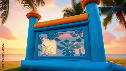 Giant Tropical Inflatable Bounce House with Palm Trees and Sunset Backdrop
