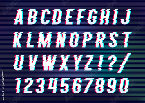Distorted Glitch Font. Vector retro video game alphabet. Glitch distorted font letter set