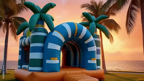 Giant Tropical Inflatable Bounce House with Palm Trees and Sunset Backdrop
